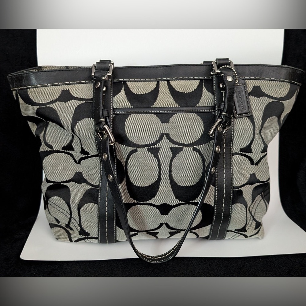 Coach Black & Grey Signature Canvas Shoulder Tote Bag - Picture 1 of 1